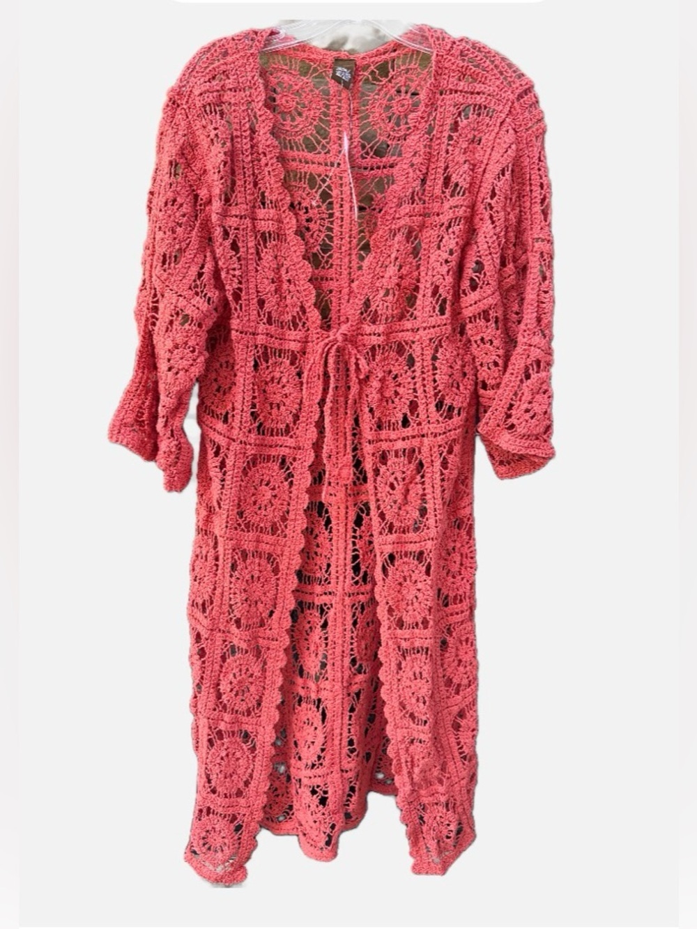 Raj Rust / Dark Coral  Crochet Openwork Long Cardigan Duster